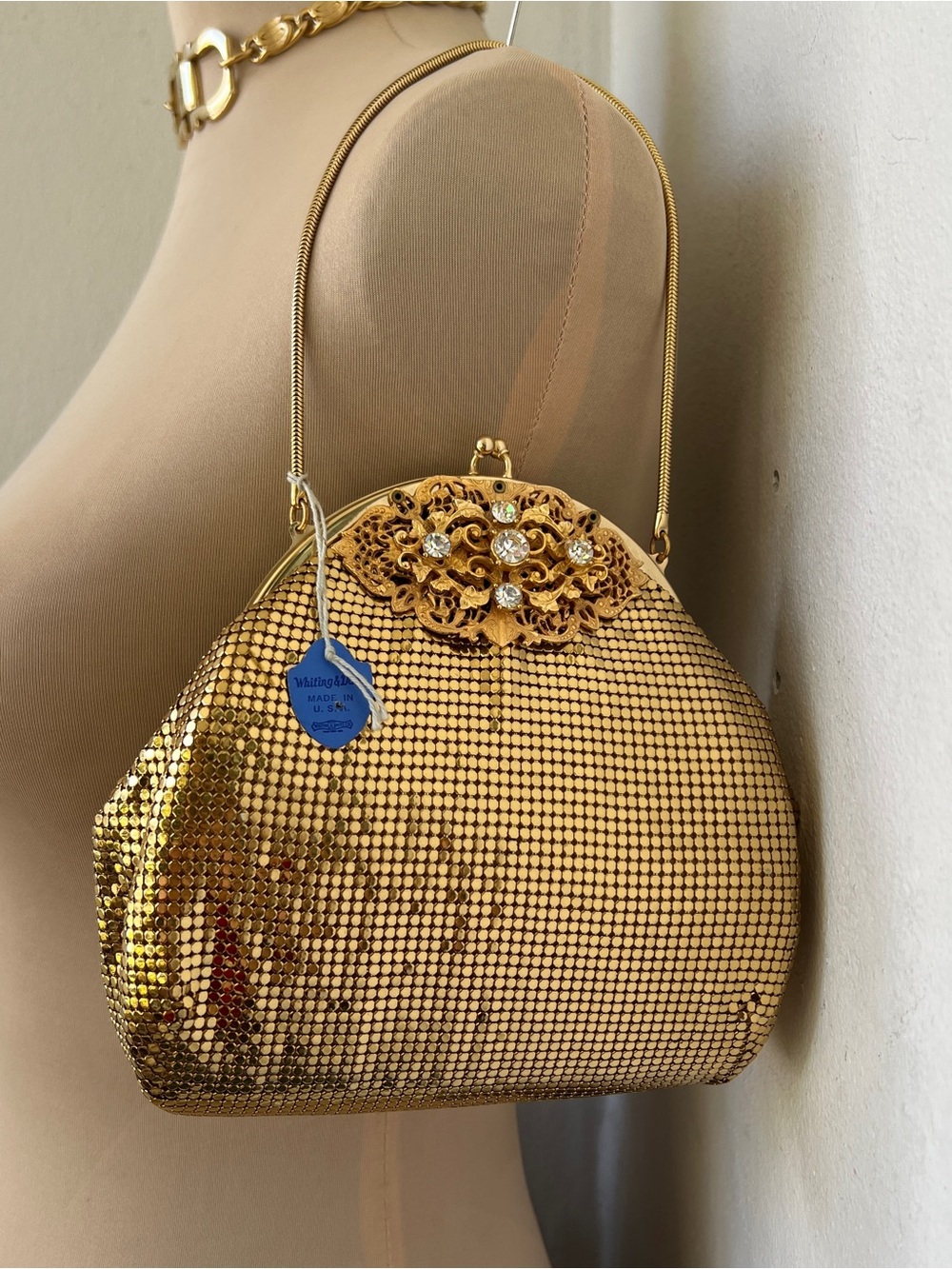 NEW Vintage Whiting & Davis Gold Mesh Evening Shoulder Bag Rare NOS NWT MINT